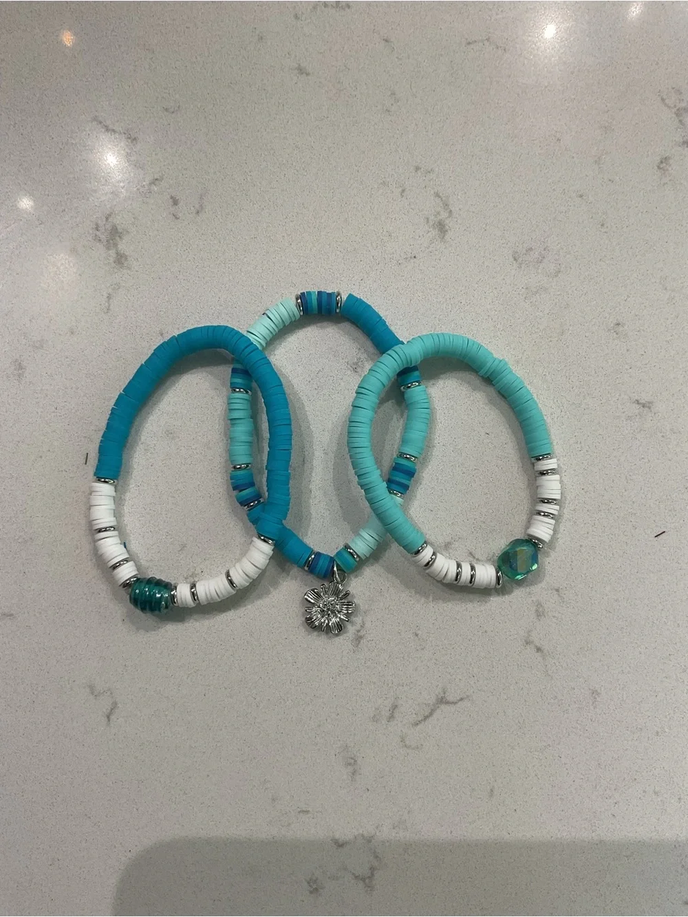 Set of 3 handmade Turquoise & White Beaded Stretch Bracelets